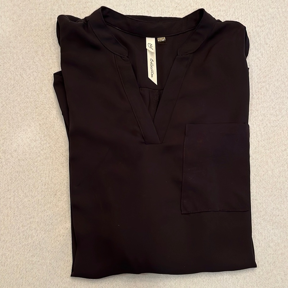 NY Collection silky V neck sheer blouse 3/4 sleeve Black Size S